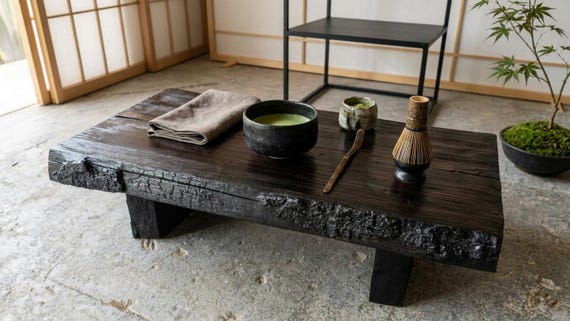 Yakisugi Charred Wood Low Tea Table, Wabi Sabi Meditation Desk, Japandi Bonsai Stand