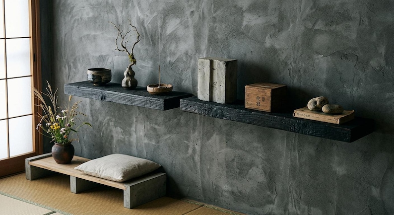 May include: Two black charred wood floating shelves mounted on a gray textured wall. The left shelf holds a dark bowl, a small bare branch, and a dish. The right shelf holds a gray block, a wooden box with text, and two stones on a book.