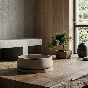 Puede incluir: Una mesa de madera rústica con un bonsái en una maceta de piedra, un cuenco de cerámica gris y un jarrón oscuro con ramas. La habitación tiene un banco de hormigón y paneles de madera, con vistas a un jardín.