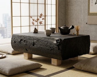 Table basse Yakisugi, monolithe en bois carbonisé de 20 cm d'épaisseur, banc bas Japandi zen, côté brutaliste