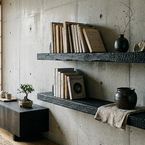 May include: Two horizontal wall-mounted shelves made of charred black wood with a textured, burnt finish. The shelves hold a collection of books, a small dark ceramic vase with a thin branch, a stone, and a larger dark ceramic pot with a beige cloth.