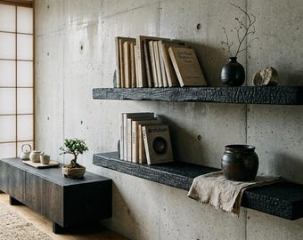 May include: Two horizontal wall-mounted shelves made of charred black wood with a textured finish. The shelves hold several books, a small black vase with a thin branch, a stone, and a dark ceramic pot resting on a light-coloured linen cloth.