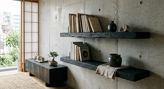 Yakisugi Floating Shelf, Custom Size Charred Wood Wall Board, Brutalist Timber Display Ledge, Wabi Sabi Carbonized Wood Shelf
