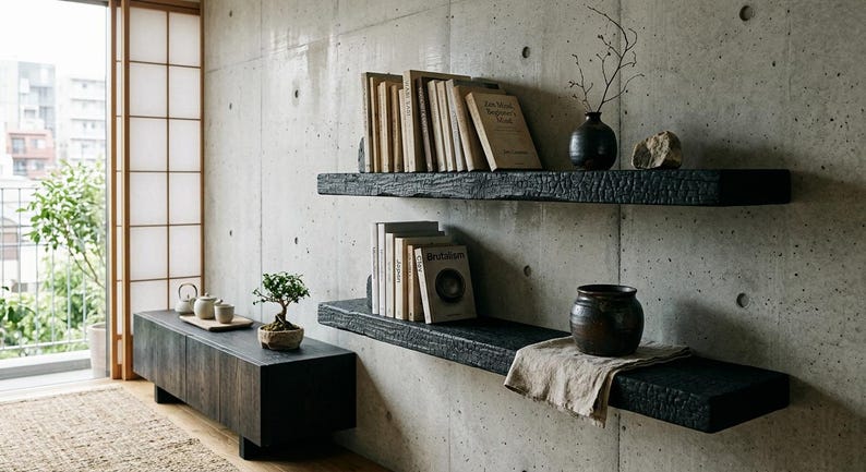 May include: Two horizontal wall-mounted shelves made of charred black wood with a textured finish. The shelves hold several books, a small black vase with a thin branch, a stone, and a dark ceramic pot resting on a light-colored linen cloth.