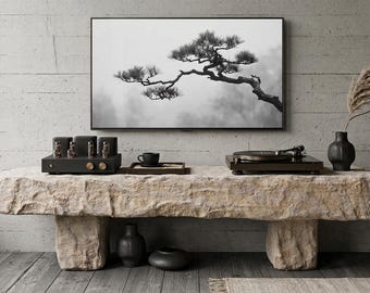 Monolithischer, aus gemeißeltem Stein gefertigter, niedriger TV-Ständer, 168 cm hoher Konsolentisch im brutalistischen Stil, Bank in Wabi-Sabi-Travertinoptik, flaches Mediaboard von Japandi