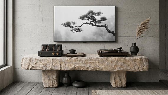 Monolithic Chiseled Stone Low TV Stand, 168cm Brutalist Console Table, Wabi Sabi Travertine Look Bench, Japandi Low Profile Media Board