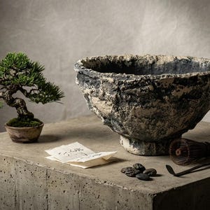 Könnte beinhalten: Eine große, texturierte, dunkel gehaltene Keramikschale mit unebenem, rauem Rand steht neben einem kleinen grünen Bonsai-Baum in einem flachen Topf, einem Bambus-Teebesen, einem dünnen Metalllöffel, mehreren kleinen dunklen Steinen und einem gefalteten Papier.