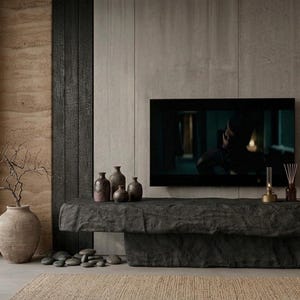 Może przedstawiać: Ciemnoszara kamienna szafka RTV o szorstkiej, teksturowanej powierzchni umieszczona pod telewizorem ściennym. Mebel posiada grubą, blokową podstawę i blat, uzupełnione kilkoma ciemnymi ceramicznymi wazonami oraz małym świecznikiem na blacie.