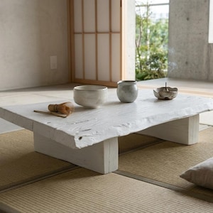 Vitt Live Edge-soffbord, Shou Sugi Ban-soffbord, Wabi Sabi-golvskrivbord