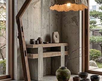 Minimalist Japandi Wood Floor Lamp, Rustic Reclaimed Timber Standing Chandelier, Wabi Sabi Paper Mache Dome Shade, Zen Bedroom Reading Light
