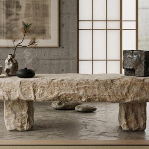 Puede incluir: Un banco rectangular de piedra con textura rugosa y natural, sostenido por dos patas gruesas de piedra. Sobre el banco hay un cuenco beige peque&ntilde;o, un jarr&oacute;n texturizado con una rama de pino, un difusor negro redondo, un recipiente oscuro y una taza peque&ntilde;a.