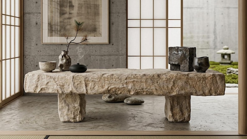 Puede incluir: Un banco rectangular de piedra con textura rugosa y natural, sostenido por dos patas gruesas de piedra. Sobre el banco hay un cuenco beige peque&ntilde;o, un jarr&oacute;n texturizado con una rama de pino, un difusor negro redondo, un recipiente oscuro y una taza peque&ntilde;a.