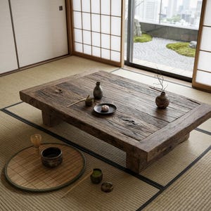 May include: A low rectangular wooden table with a weathered texture, featuring a small dark ceramic bottle, a black plate with a single light-coloured item, and a small vase with a twig. A round bamboo mat holds a dark bowl and a wooden whisk.