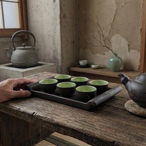 Handgjord japansk teservis i keramik, 8 delar Wabi Sabi lertekanna och koppar, Zen teceremoniservis med bricka, Japandi celadonglaserad kopp