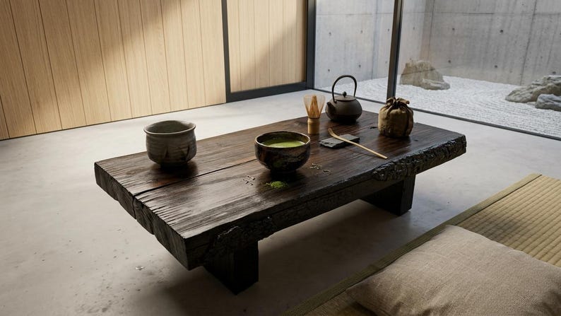 May include: A low, dark-stained wooden coffee table with a live edge, featuring a ceramic bowl filled with green matcha tea, a second empty ceramic bowl, a bamboo whisk, a small dark teapot, a bamboo scoop, and a small fabric pouch.