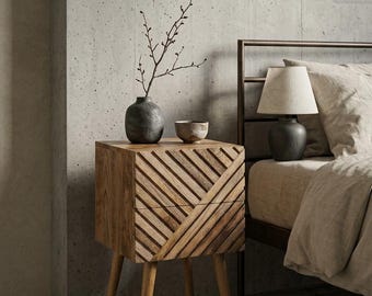Solid Mango Wood Nightstand, Carved Chevron Drawers, Japandi Bedside Table (30x30x61.5cm)