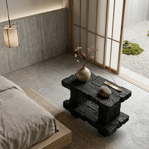 Op de afbeelding: Een lage, rechthoekige bijzettafel gemaakt van verkoold zwart hout met een getextureerd, verbrand oppervlak. De tafel heeft een ontwerp met twee niveaus en staat in een kamer met een lichtgekleurd bed, een hanglantaarn en een grindtuin.