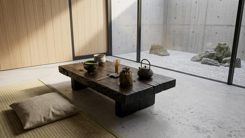 May include: A low, dark-stained wooden table with a rough, textured edge sits on a concrete floor. On the table are a green tea bowl, a small ceramic cup, a bamboo whisk, a small brown pouch, and a dark metal teapot with a curved handle.