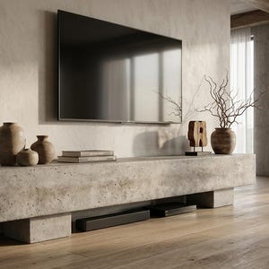 Pre order Monolithic Brutalist Concrete Media Console, 200cm Low TV Stand, Japandi Bench