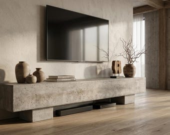 Pre order Monolithic Brutalist Concrete Media Console, 200cm Low TV Stand, Japandi Bench