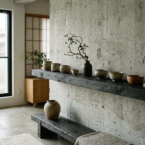 May include: A long, dark, charred-wood floating shelf mounted on a concrete wall, holding a collection of small ceramic bowls, a dark vase with a branch, and a book. Below, a matching low wooden bench supports a large, rounded tan ceramic jar.