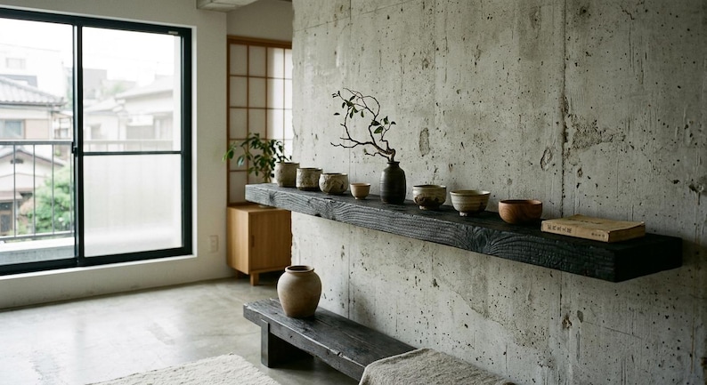 May include: A long, dark, charred-wood floating shelf mounted on a concrete wall, holding a collection of small ceramic bowls, a dark vase with a branch, and a book. Below, a matching low wooden bench supports a large, rounded tan ceramic jar.