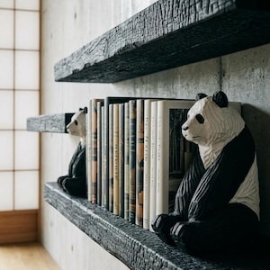 May include: Two carved wooden panda bookends in black and white, positioned on a charred black wooden shelf. The pandas are seated, facing forward, and hold a row of various books between them. The shelf has a textured, burnt wood finish.