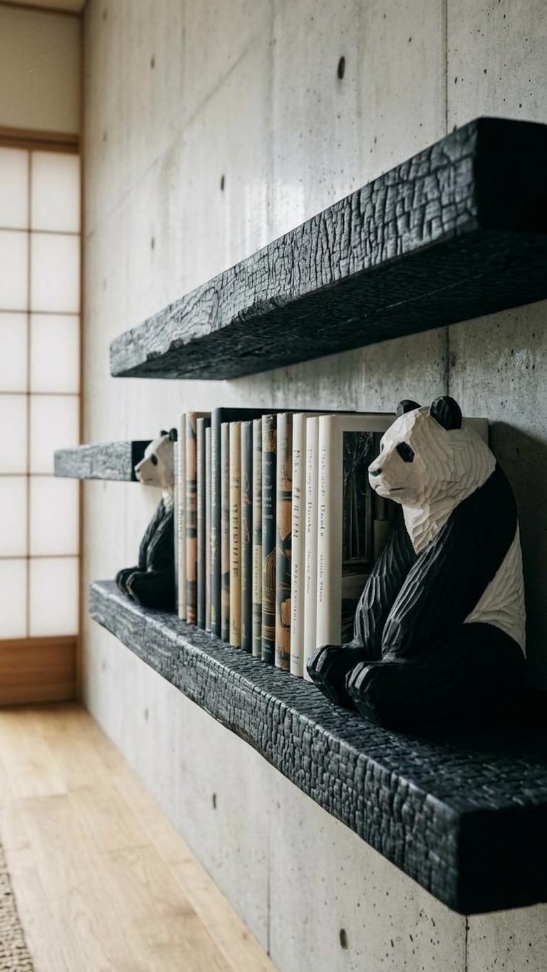 May include: Two carved wooden panda bookends in black and white, positioned on a charred black wooden shelf. The pandas are seated, facing forward, and hold a row of various books between them. The shelf has a textured, burnt wood finish.