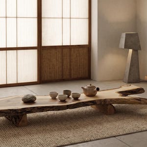 Peut inclure: Table basse en bois naturel avec bord brut, avec un service à thé. La table est posée sur un tapis tissé. Une lampe en pierre et un écran japonais traditionnel sont en arrière-plan.