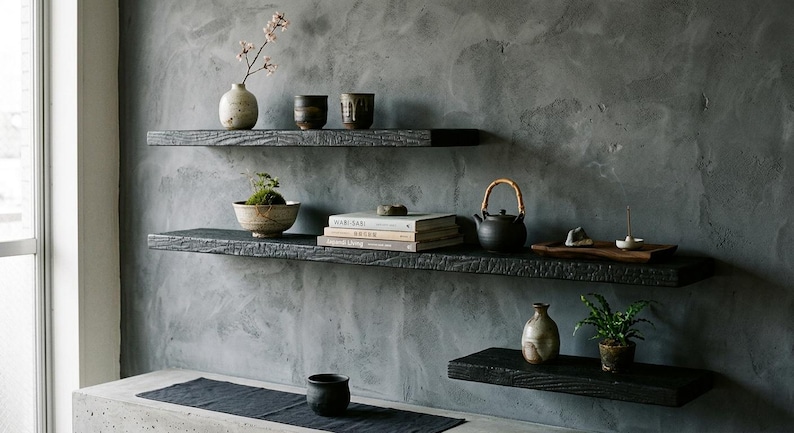 May include: Three black floating shelves with a charred wood texture mounted on a gray wall. The shelves hold various items including a ceramic vase with a branch, small bowls, a stack of books, a dark teapot, a wooden tray, and small plants.