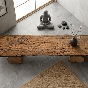 120-Year-Old Reclaimed Wood Low Bench - Antique Japandi Meditation Altar - 107cm Wabi Sabi Pedestal - Brutalist Zen Heritage Decor