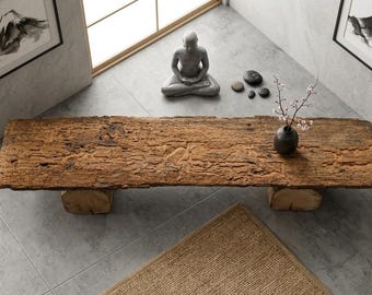 120-Year-Old Reclaimed Wood Low Bench - Antique Japandi Meditation Altar - 107cm Wabi Sabi Pedestal - Brutalist Zen Heritage Decor