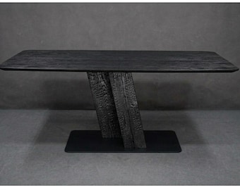 Mesa de comedor monumental de madera maciza Yakisugi - Base japonesa brutalista (181 cm)
