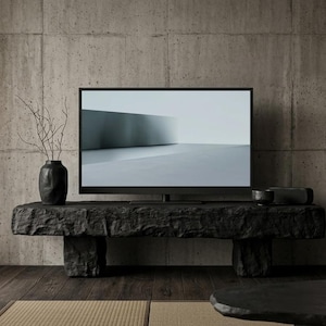 Puede incluir: Un televisor de pantalla plana con marco negro se apoya sobre una mesa consola de piedra oscura y tallada de forma rugosa. A la izquierda de la pantalla hay un jarr&oacute;n negro con ramas desnudas. La pantalla muestra un gr&aacute;fico gris curvo.