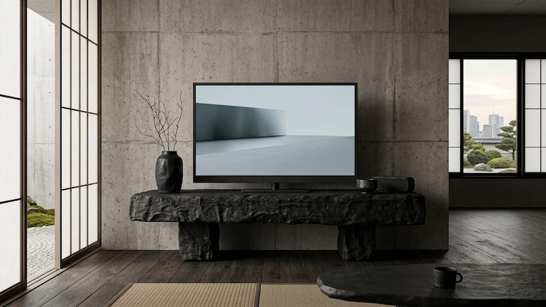 Puede incluir: Un televisor de pantalla plana con marco negro se apoya sobre una mesa consola de piedra oscura y tallada de forma rugosa. A la izquierda de la pantalla hay un jarr&oacute;n negro con ramas desnudas. La pantalla muestra un gr&aacute;fico gris curvo.