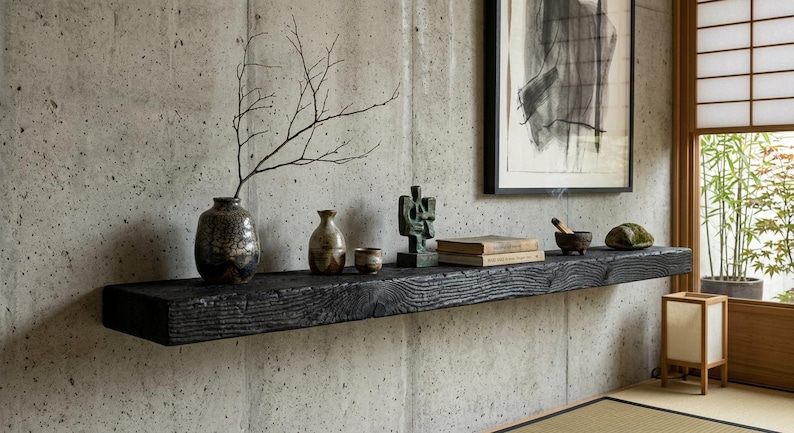 May include: A long, rectangular, charred black wooden floating shelf mounted on a concrete wall. The shelf holds a dark ceramic vase with a bare branch, two smaller ceramic vessels, a green abstract sculpture, two stacked books, and a small bowl.
