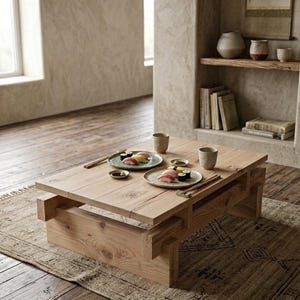 Könnte beinhalten: Ein niedriger, rechteckiger Couchtisch aus Holz mit natürlicher Maserung und ineinandergreifender Beinkonstruktion. Der Tisch ist mit zwei gesprenkelten Keramiktellern mit Sushi, zwei kleinen Schälchen, zwei Keramikbechern und zwei Paar Essstäbchen gedeckt.