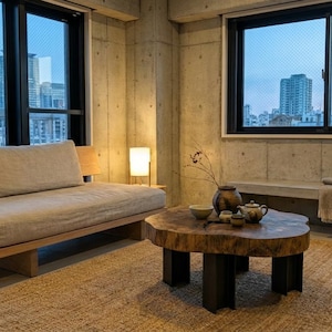 Op de afbeelding: Een moderne woonkamer met een neutraal kleurenpalet. Het beschikt over een houten bank, een salontafel met boomstamrand en een jute vloerkleed. De kamer heeft grote ramen met uitzicht op de stad en betonnen muren.