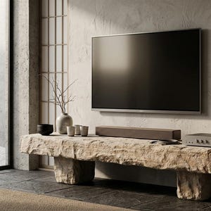 Puede incluir: Un televisor de pantalla plana montado en una pared texturizada sobre un banco de piedra rectangular largo. El banco sostiene una barra de sonido marr&oacute;n oscuro, un receptor electr&oacute;nico gris, un cuenco negro peque&ntilde;o y un jarr&oacute;n gris claro.