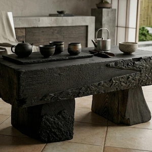 Yakisugi Coffee Table, 20cm Solid Wood, Japandi Zen Tea Table, Brutalist Centerpiece, Wabi Sabi Art