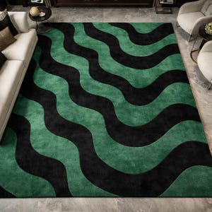 Green Black Wavy Rug, Abstract Wave Area Rug, Hand Tufted Wool Carpet, Modern Minimalist Rug, Statement Living Room Rug Designer Floor Decor