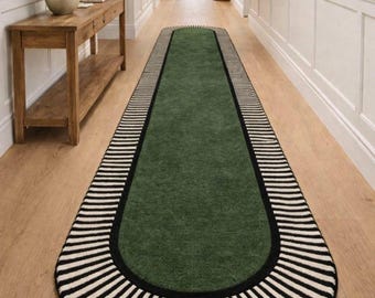 Randig löparmatta, grön hallmatta, handtuftad ullmatta, oval entrématta, skandinavisk minimalistisk matta, anpassad storlek