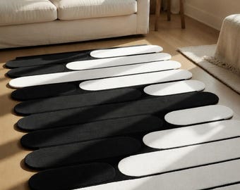 Abstract Black and White Hand Tufted Rug - Irregular Shape Wavy Blob Area Carpet - 3D High Low Pile Woolen Rug for Luxury Modern Living Room