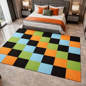 Colorful Checkered Area Rug, Modern Geometric Rug, Bold Patchwork Carpet, Contemporary Bedroom Decor, Orange Blue Green Black Rug
