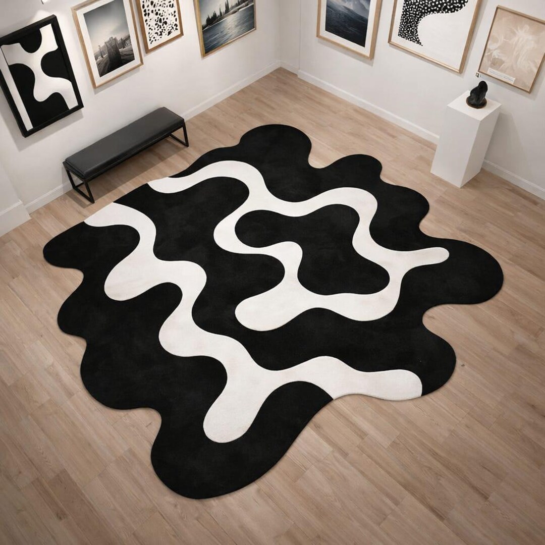 Abstract Black White Rug, Irregular Shape Rug, Hand Tufted Wool Rug ...