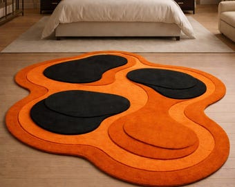 Wavy Orange Area Rug | Hand Tufted Layered Abstract Carpet | Modern Earth Tone Floor Art for Living Room Creative Blob Rug