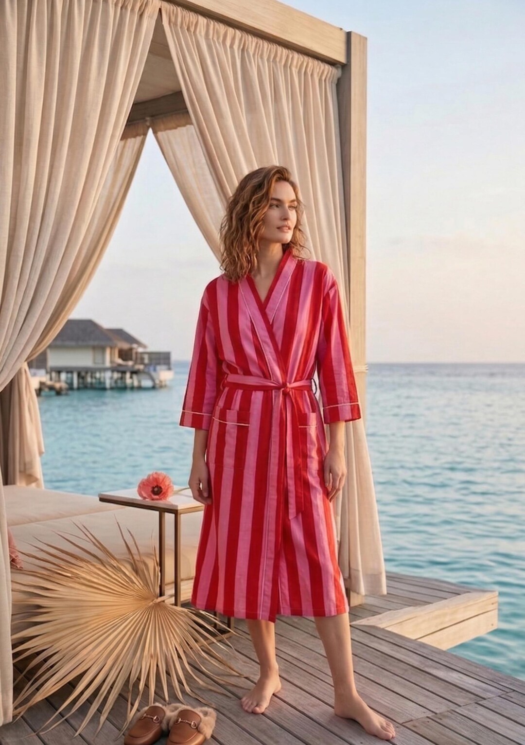 Red Striped Robe Red Pink Striped Cotton Robe – Luxury Kimono Resort Beach Cover Up - Etsy