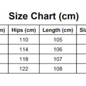 May include: A size chart in a table format, with measurements in centimeters. The chart includes sizes M, L, XL, and XXL, detailing waist, hips, length, and slack bottom measurements. The text "Size Chart (cm)" is at the top.