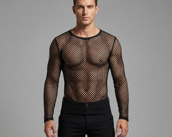 Men Sheer Mesh Long Sleeve Shirt | Transparent O Neck Clubwear Top | Modern Streetwear Party Outfit