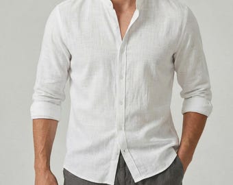 Camisa de lino y algodón para hombre / Camiseta ligera de playa con botones